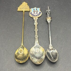 3 Vintage Silver & Gold Tone Metal Souvenir Spoons, Danmark Enamel Spoon + More